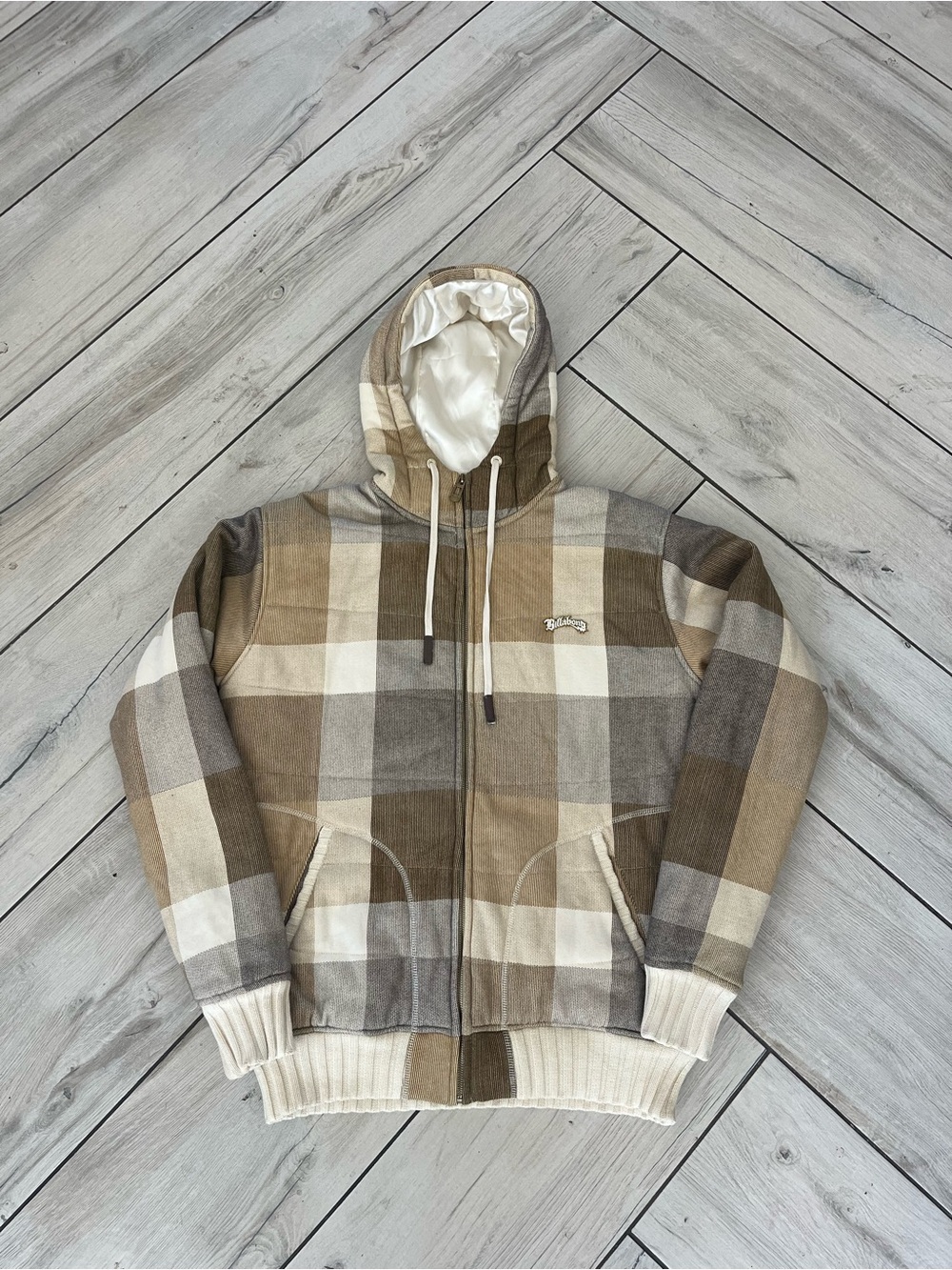 Y2K Billabong Plaid Hooded Zip Sweater Jacket in Beige and Brown Size XL